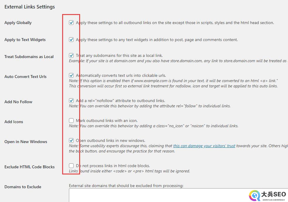 Sem External Links自动添加nofollow属性插件设置