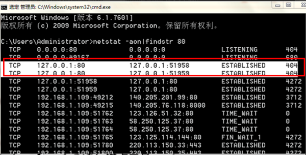 使用netstat命令查看windows系统中占用80端口的进程号