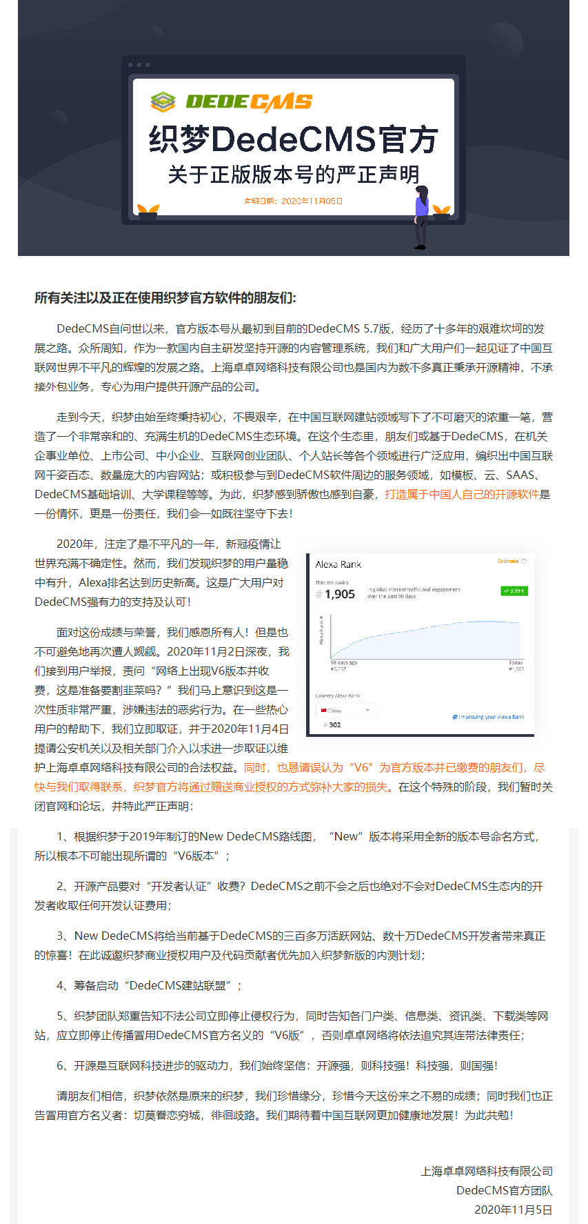 织梦DedeCMS关于V6非官方版本的严正申明