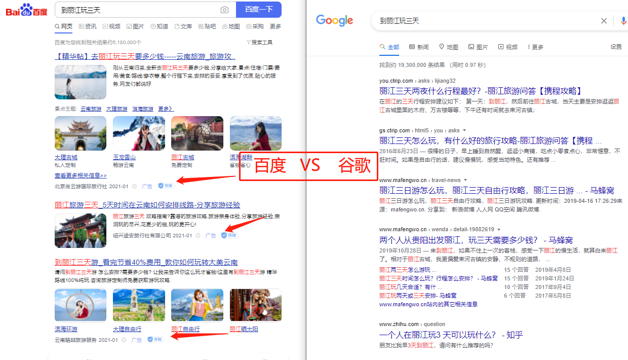 谷歌搜索引擎与百度搜索引擎的对比