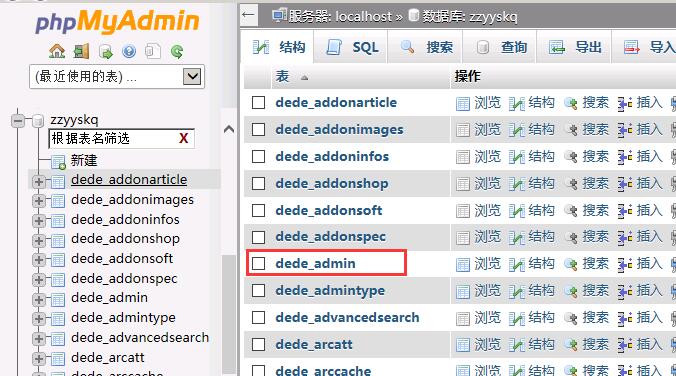 找到dede_admin这一个表单