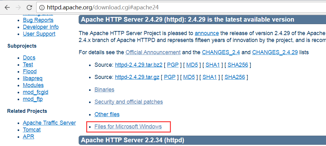 选择Windows文件格式Apache版本