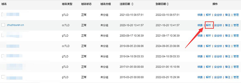 点击域名“解析”