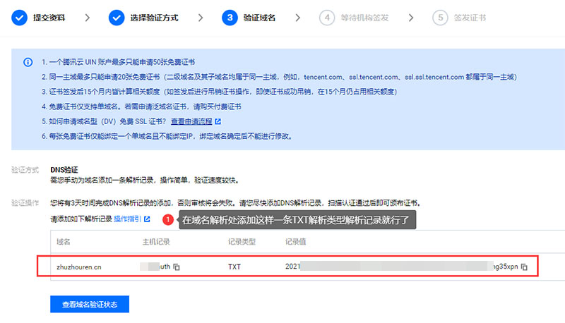 手动为域名添加一条TXT解析记录