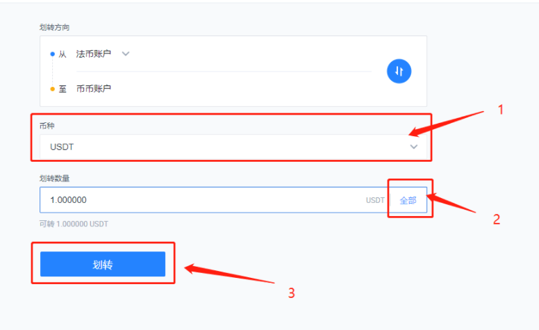 “资产”-“币币账户”-“划转” 币种选择“USDT”-“划转数量”-“划转”