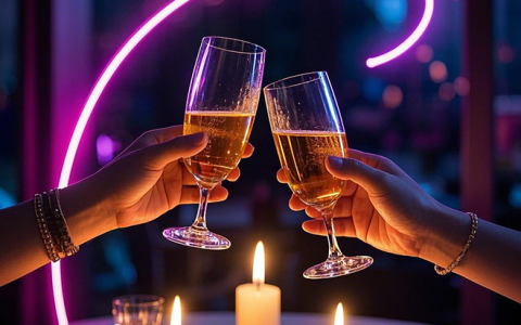 霓虹光晕效果下的庆功宴碰杯、烛光晚餐